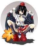  black_wings breasts cleavage covered_nipples fan geta hat hauchiwa looking_at_viewer mask medium_breasts mouth_hold open_clothes open_shirt riita_iga sexually_suggestive shameimaru_aya shirt solo spread_legs tengu tengu-geta tengu_mask tokin_hat touhou wings 