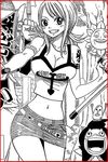  breasts cleavage cosplay crop_top denim denim_skirt elie_(rave) english fairy_tail greyscale grin haru_glory large_breasts mashima_hiro midriff monochrome pencil_skirt rave skirt skirt_lift smile 