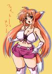  animal_ears arf blush boots breasts cleavage fox_ears gloves gokkun_tororojiru hands_on_hips huge_breasts long_hair lyrical_nanoha mahou_shoujo_lyrical_nanoha red_hair shorts solo tail thigh_boots thighhighs twintails 