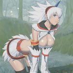  555 bent_over black_legwear blue_eyes breasts cleavage horn kirin_(armor) large_breasts monster_hunter solo tan thighhighs white_hair 