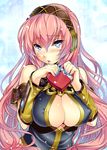  blue_eyes blue_nails blush box breasts chocolate cleavage cleavage_cutout covered_nipples hands headphones heart-shaped_box huge_breasts long_hair megurine_luka nail_polish pink_hair shy solo tosh_(imonade_ryouchou) valentine very_long_hair vocaloid 