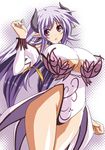  :o breasts copyright_request detached_sleeves horns huge_breasts leotard long_hair nanakorobi_yaoki pointy_ears purple_eyes purple_hair solo underboob 