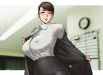  areolae blush breasts brown_eyes brown_hair business_suit cleavage covered_nipples earrings formal huge_breasts jewelry mole nipples no_bra office_lady pencil_skirt see-through skirt solo suit tatsunami_youtoku undressing 