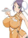  arcana_heart blush breasts bun_cover china_dress chinese_clothes cleavage cup curvy double_bun dress green_eyes hiya_(dkr) huge_breasts impossible_clothes impossible_shirt mei-fang purple_hair shirt solo tea teacup tray 