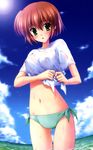  :o ass_visible_through_thighs bikini bikini_bottom blush breasts canvas_2 cloud covered_nipples day green_eyes highres kikyou_kiri medium_breasts midriff nanao_naru navel nipples ocean outdoors red_hair see-through shirt short_hair side-tie_bikini sky solo sunlight swimsuit thigh_gap tied_shirt tying wading water wet wet_clothes wet_shirt white_shirt 