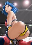  ass blue_eyes blue_hair kneeling lb ogawa_hikaru short_hair smile solo wrestle_angels wrestle_angels_survivor 