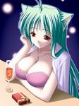  animal_ears breasts cat_ears cleavage cup drink drinking_glass gift green_hair jewelry keito large_breasts long_hair necklace original red_eyes shirt_on_shoulders solo wine_glass 