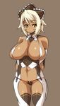  arms_behind_back blonde_hair breasts dark_skin huge_breasts nekomamire original short_hair slingshot_swimsuit solo swimsuit yellow_eyes 