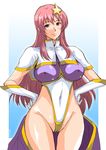  blue_eyes blush breasts cameltoe covered_nipples elbow_gloves gloves gundam gundam_seed gundam_seed_destiny hair_ornament hands_on_hips highleg highleg_leotard ishihara_souka large_breasts legs leotard long_hair meer_campbell pink_hair purple_leotard smile solo star star_hair_ornament thigh_gap thighs thong_leotard white_leotard wide_hips 