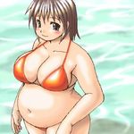  1girl belly bikini blue_eyes breasts chubby cleavage fat grey_hair kato_hayabusa large_breasts lowres navel original plump short_hair solo swimsuit water 