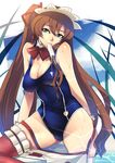  ban blue_eyes breasts brown_hair code_geass food large_breasts long_hair maid_headdress melting mouth_hold one-piece_swimsuit popsicle shirley_fenette solo swimsuit thighhighs very_long_hair water wet 