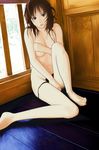  bad_id bad_pixiv_id barefoot breast_hold breasts brown_hair copyright_request covering feet long_hair messy_hair mimizou panties panty_pull solo topless underwear underwear_only 