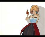 apple asymmetrical_hair bad_id bad_pixiv_id breasts brown_hair cleavage copyright_request dress food fruit holding holding_food holding_fruit hrd large_breasts short_hair smile solo 