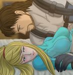  1boy 1girl bed girl iroquois_pliskin metal_gear metal_gear_(series) metal_gear_solid metroid nintendo samus_aran solid_snake super_smash_bros. 