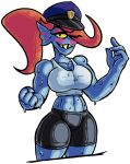  alpha_channel big_breasts blue_skin blush breasts cleavage clothed clothing deltarune female fish fist gills hair hat long_hair looking_at_viewer marine midriff navel one_eye_closed police_hat ponytail red_hair sharp_teeth shirt signature simple_background solo spats spur sweat tank_top teeth transparent_background undertale undyne video_games wink yellow_sclera 