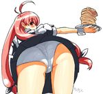  ahoge ass ass_focus bad_id bad_pixiv_id bent_over blush cowboy_shot eyebrows_visible_through_hair food from_behind holding holding_tray long_hair looking_back low-tied_long_hair magical_antique oekaki pancake panties pantyshot pleated_skirt red_eyes red_hair rkrk short_sleeves simple_background skirt solo sphie stack_of_pancakes tray twintails underwear upskirt white_background white_panties wrist_cuffs 