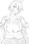  breasts cleavage copyright_request greyscale huge_breasts monochrome short_hair solo utamaro 