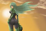  armored_core artist_request ass bodysuit green_hair long_hair may_greenfield skin_tight sky solo sunset 