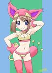  armpits artist_request bare_shoulders bell bell_collar bikini blue_eyes blush_stickers breasts brown_hair cleavage collar cosplay costume gen_3_pokemon gloves haruka_(pokemon) hat medium_breasts midriff navel pokemon skitty skitty_(cosplay) smile solo swimsuit tail thighhighs 