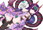  1girl bangs black_legwear blunt_bangs choker collarbone eyebrows_visible_through_hair fate/grand_order fate_(series) hair_ornament heart heart_hair_ornament horns leg_up long_sleeves looking_at_viewer midriff natsuzakura_yuuki navel parted_lips purple_eyes purple_hair purple_sleeves short_hair shuten_douji_(halloween_caster)_(fate) simple_background solo stomach thighhighs white_background 