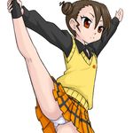  artist_request brown_hair double_bun hyakko leg_lift lowres panties plaid plaid_skirt red_eyes saotome_suzume school_uniform skirt solo sweater_vest underwear upskirt vest 