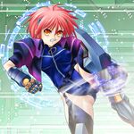  ayato blue_leotard blush clenched_teeth gauntlets gun_knuckle jet_edge kicking leotard looking_at_viewer lyrical_nanoha mahou_shoujo_lyrical_nanoha_strikers nove_(nanoha) numbers_(nanoha) orange_eyes pink_hair red_eyes red_hair short_hair solo teeth 