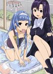  bad_id bad_pixiv_id bangs barefoot blue_hair blunt_bangs condom condom_in_mouth cross futon kannagi long_hair long_legs mouth_hold multiple_girls nagi purple_hair siblings sisters socks tissue tissue_box tomihero zange 