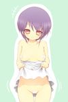  areolae copyright_request dress dress_lift highres maebari no_bra no_panties purple_hair short_hair solo takunama yellow_eyes 