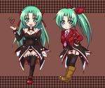  angel_mort blazer blush cosplay green_eyes green_hair hazuki_megumi higurashi_no_naku_koro_ni jacket long_hair md5_mismatch multiple_girls necktie pink_neckwear ponytail ribbon siblings sisters sonozaki_mion sonozaki_shion stakes_of_purgatory thighhighs twins umineko_no_naku_koro_ni 