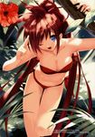  absurdres bikini blue_eyes breasts cleavage copyright_request flower hibiscus highres long_hair medium_breasts one_eye_closed open_mouth red_hair solo swimsuit ueda_ryou very_long_hair 