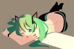  green_eyes green_hair hatsune_miku long_hair lying panties solo striped striped_panties thighhighs topless twintails underwear uuna_(counterspell) vocaloid 