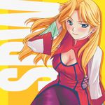  adjusting_hair blonde_hair blue_eyes blush breasts cleavage hozumi_takashi large_breasts leona_garstein long_hair smile solo super_robot_wars 