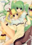  absurdres blonde_hair blue_eyes bow green_hair hair_ribbon highres iizuki_tasuku lemon-chan long_hair melon-chan melonbooks multiple_girls panties panties_under_pantyhose pantyhose pantyshot ribbon scarf snow sweater twintails underwear white_panties yellow_bow 