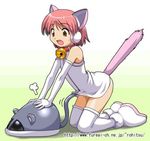  animal_ears arched_back artist_request bare_shoulders bell bell_collar brown_eyes cat_ear_headphones cat_ears collar copyright_request dress dress_lift elbow_gloves flat_chest gloves headphones mouse mouse_(computer) open_mouth pink_hair short_dress short_hair solo surprised sweatdrop tail thighhighs white_legwear zettai_ryouiki 