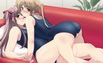  ass blush character_request copyright_request couch fingering hair_ribbon holding_hands multiple_girls nishiyama_maruta one-piece_swimsuit one_eye_closed ribbon school_swimsuit sweat swimsuit twintails vibrator yuri 
