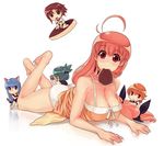 ahoge animal_ears bad_id bad_pixiv_id barefoot breasts character_request chibi cleavage feet food glasses large_breasts long_hair low-tied_long_hair lying magical_antique minigirl mouth_hold multiple_girls pancake panties pink_hair red_eyes rkrk sphie tail underwear white_panties 