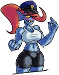  alpha_channel big_breasts blue_skin blush breasts cleavage clothed clothing deltarune female fish fist gills hair hat long_hair looking_at_viewer marine midriff navel one_eye_closed police_hat ponytail red_hair sharp_teeth shirt signature simple_background solo spats spur sweat tank_top teeth transparent_background undertale undyne video_games wink yellow_sclera 