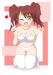  bad_id bad_pixiv_id blush breasts cleavage copyright_request covered_nipples green_eyes kneeling large_breasts lingerie one_eye_closed qy red_hair solo thighhighs twintails underwear v 