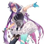  1girl :d bangs black_footwear blue_gloves blue_legwear boots corset floating_hair gloves half_gloves highlights highres layered_skirt long_hair looking_at_viewer macross macross_delta mikumo_guynemer miniskirt multicolored_hair open_mouth outstretched_arms purple_hair red_eyes shiny shiny_clothes short_sleeves simple_background single_boot single_leg_pantyhose skirt smile solo standing thigh_boots thighhighs very_long_hair white_background white_skirt wrist_cuffs yokuni_(yokunill001121) 