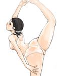  ass black_hair breasts brown_eyes flexible kazaana leg_lift medium_breasts one-piece_swimsuit original see-through short_hair solo sweat swimsuit yoga 