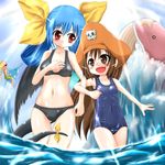  2girls bicorne bikini dizzy dolphin guilty_gear hat johnny_sfondi may_(guilty_gear) multiple_girls ocean one-piece_swimsuit orange_hat pirate_hat school_swimsuit swimsuit waves whale 