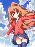  aisaka_taiga bad_id bad_pixiv_id brown_eyes brown_hair long_hair oohashi_high_school_uniform panties print_panties rooftop sabano_niwatori school_uniform skirt solo thighhighs toradora! underwear wind wind_lift 