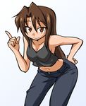  bad_id bad_pixiv_id bent_over breasts brown_eyes brown_hair casual chiki_(chikibw) denim hand_on_hip jeans large_breasts leaning_forward long_hair midriff navel original pants solo tank_top 