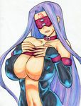  blindfold breasts cleavage collar covered_nipples detached_sleeves embarrassed facing_viewer fate/stay_night fate_(series) huge_breasts kikuta long_hair open_clothes open_shirt purple_hair rider shirt solo very_long_hair 