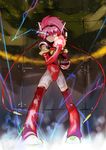  angelic_layer boots clenched_hand electricity fighting_stance full_body highres hikaru_(angelic_layer) leotard looking_at_viewer ogawa_maiko pink_hair red_leotard short_hair solo standing thigh_boots thighhighs 