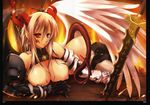  angel_wings armor asymmetrical_wings bat_wings breasts claws copyright_request elbow_gloves fire gloves heterochromia highres horns huge_breasts nipples ouma_tokiichi purple_eyes red_eyes short_hair solo sword tail weapon wings 