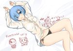  1girl arms_up bed_sheet black_panties blue_eyes blue_hair dress_shirt eyebrows_visible_through_hair hair_ornament looking_at_viewer lying midriff natsuzakura_yuuki navel on_back open_mouth panties re:zero_kara_hajimeru_isekai_seikatsu rem_(re:zero) see-through shirt short_hair side-tie_panties solo stomach underwear white_shirt x_hair_ornament 