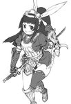  armor asymmetrical_clothes blush copyright_request elbow_gloves gloves greyscale japanese_armor katana kei_(bekei) kote long_hair monochrome ponytail samurai single_thighhigh smile solo suneate sword thighhighs weapon 