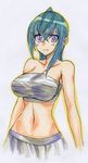  bandages blue_eyes blush breasts embarrassed green_hair kannagi_itsuki kikuta large_breasts long_hair midriff navel purple_eyes sarashi solo sora_wo_kakeru_shoujo 