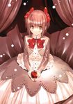  absurdres blush bow box brown_eyes brown_hair center_frills copyright_request dress gift gift_box hair_bow highres holding holding_gift short_hair solo ueda_ryou 